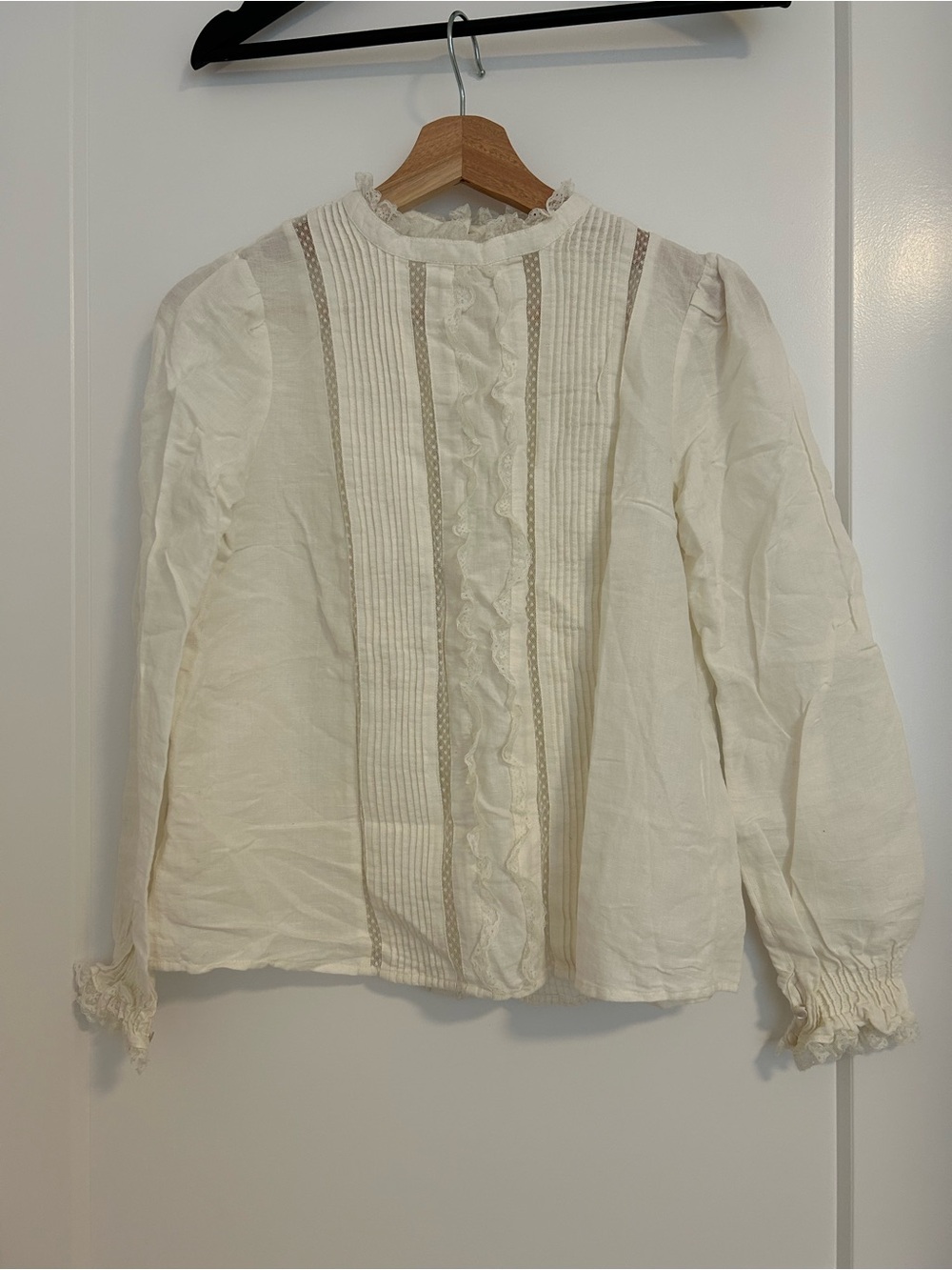 Sezane Cream Victorian-Inspired Ruffle Front Blouse